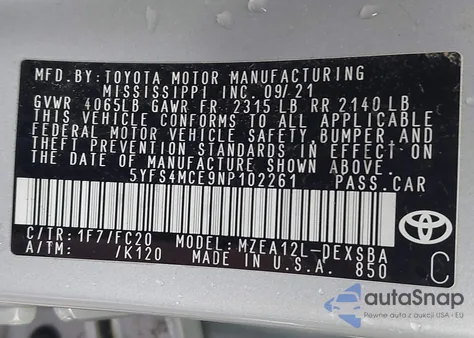 2022 Toyota Corolla Se z USA, uszkodzony, nr VIN 5YFS4MCE9NP102261